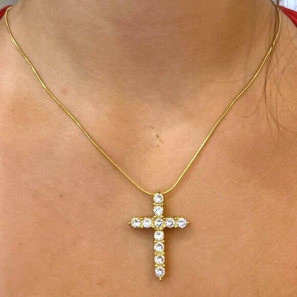 Gold Cross Necklace Waterproof CZ Diamond Pendant  Dainty Snake Chain WATERPROOF - Picture 4 of 14